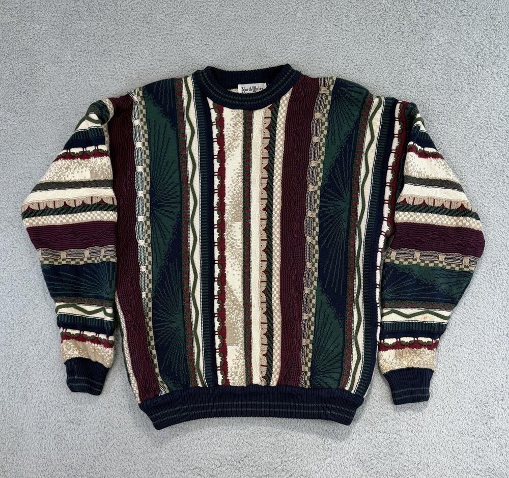 North Wales Men's Med Vintage 90s Coogi Style 3D Knit Cosby Sweater Multicolor